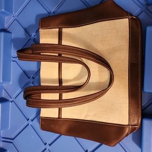 Linen and leather coach shoulder bag